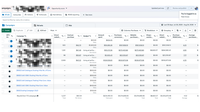 Meta Ads Manager dashboard, client and campaign names blurred, showing $224.5K in spend and $1.01M in purchase conversion value over the last 30 days