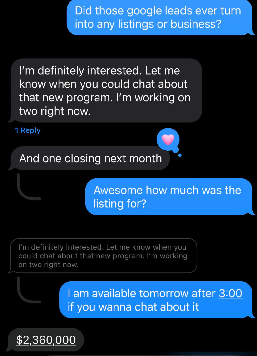 Text message exchange with a real estate agent client: Google leads turned into a closing, with a listing that sold for $2,360,000