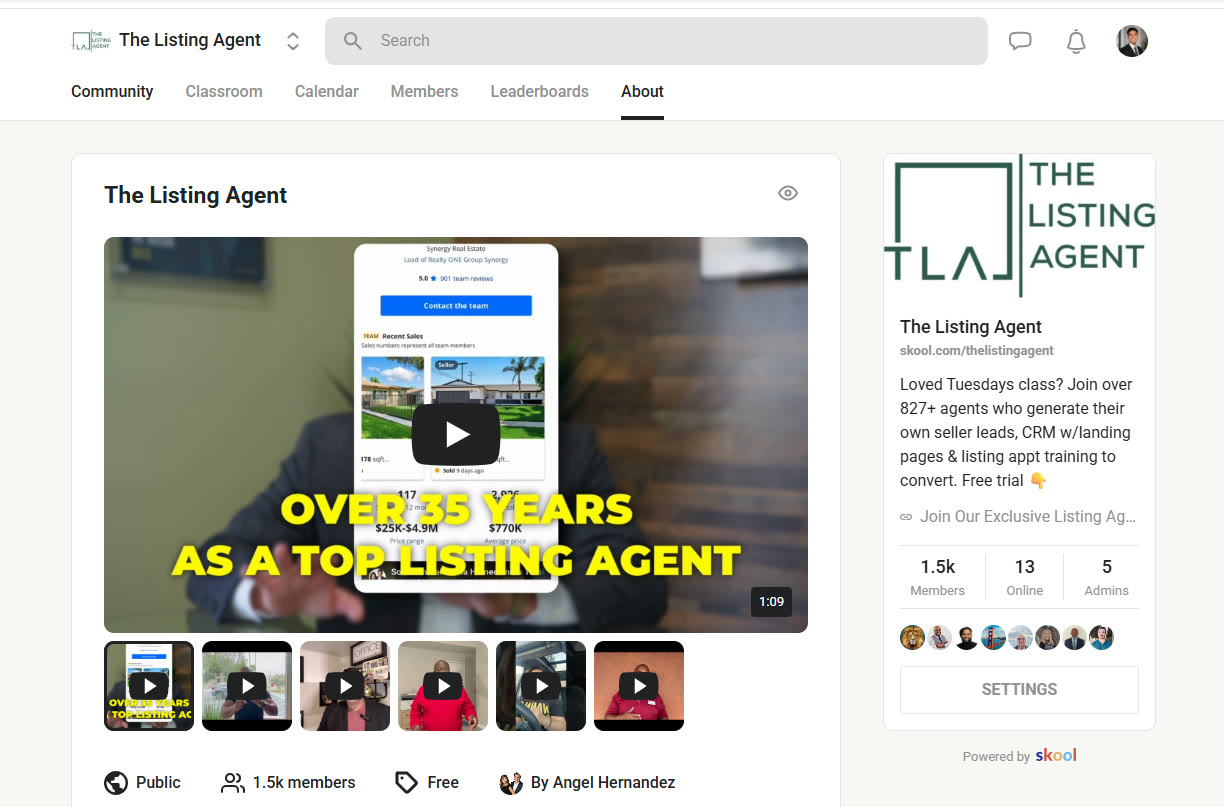 The Listing Agent community page on Skool showing over 1,500 members